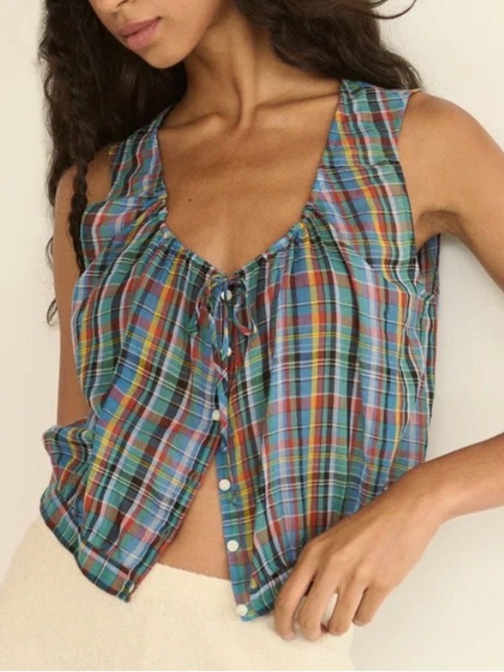 Doen Blue Multi Plaid Tie-Front Tank